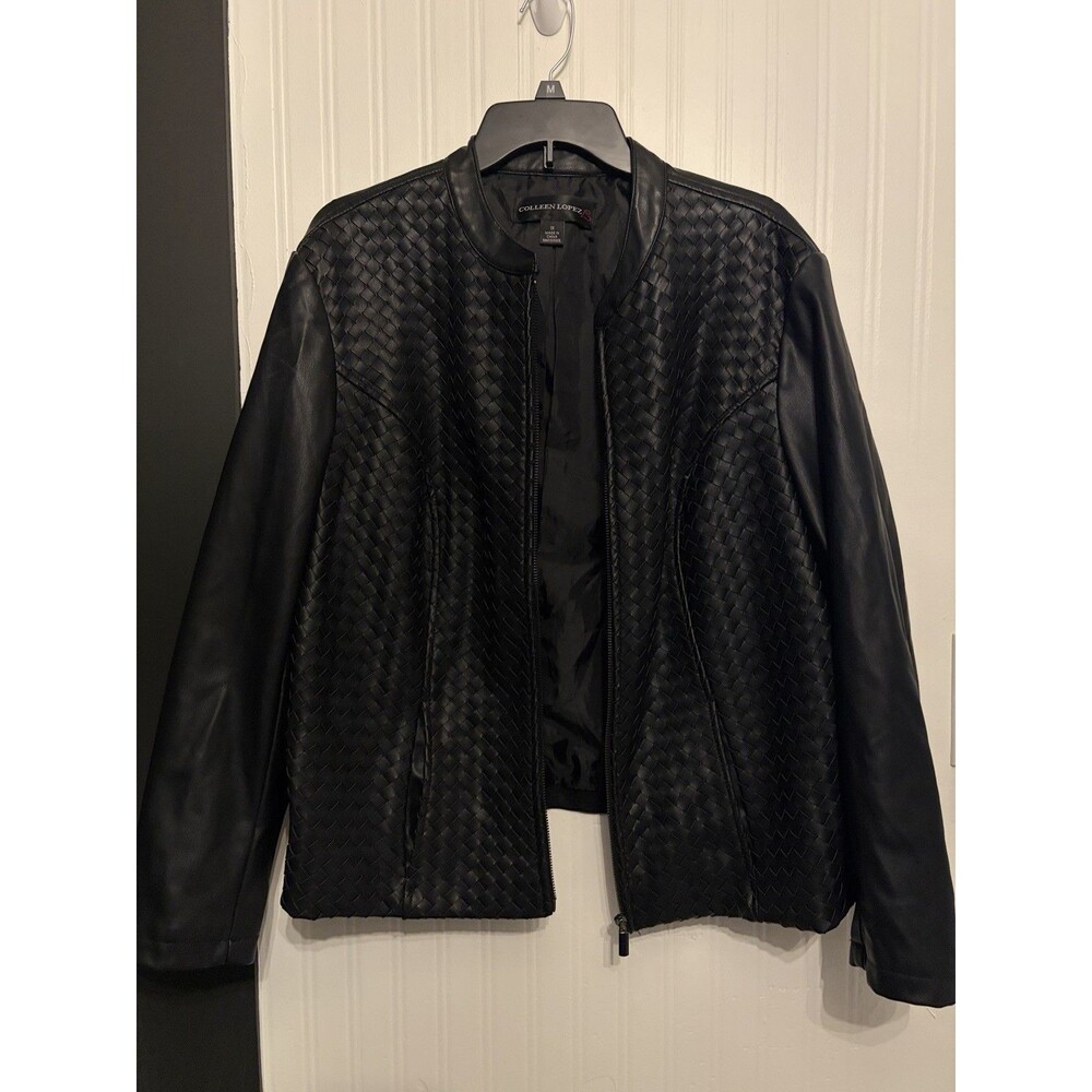 Colleen Lopez Dream Weaver Black Woven Faux Vegan Leather Full Zip Jacket 1X